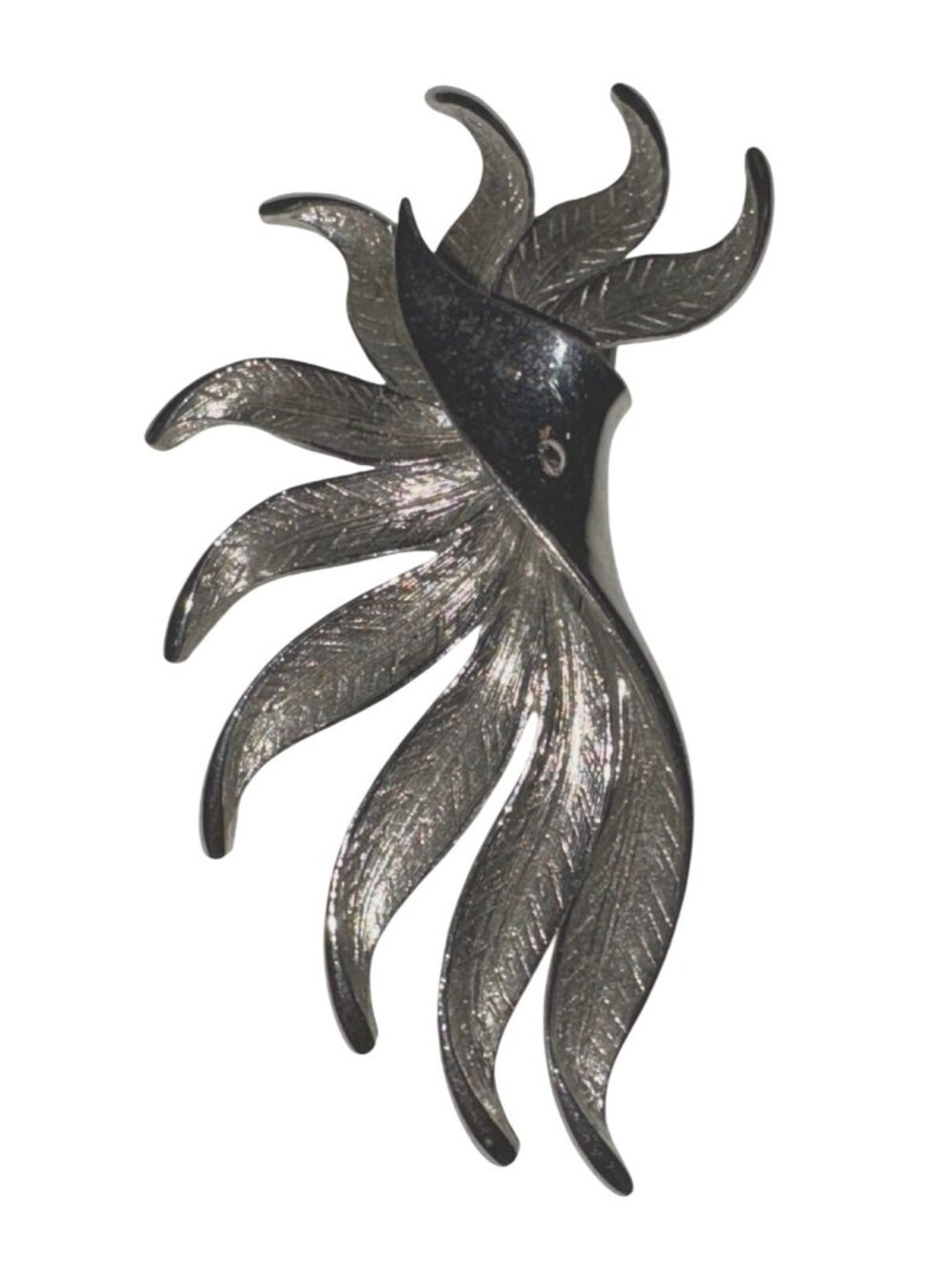 Vintage Silver-Tone Leaf Brooch Pin With Textured & Polished Details Retro State